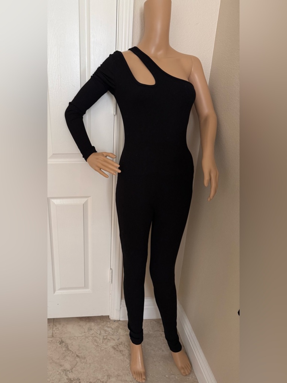 Fashion Nova One-Shoulder Black Ribbed Jumpsuit with Cutout